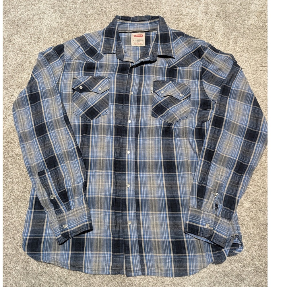 Levi's Button Down Mens L Blue Plaid Western Modern Fit Snap Pocket Cowboy Shirt